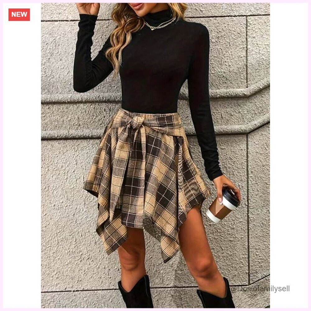 High Waisted Asymmetrical Hem Plaid Mini Skirt Elastic Waist A-Line Flared - Picture 4 of 4